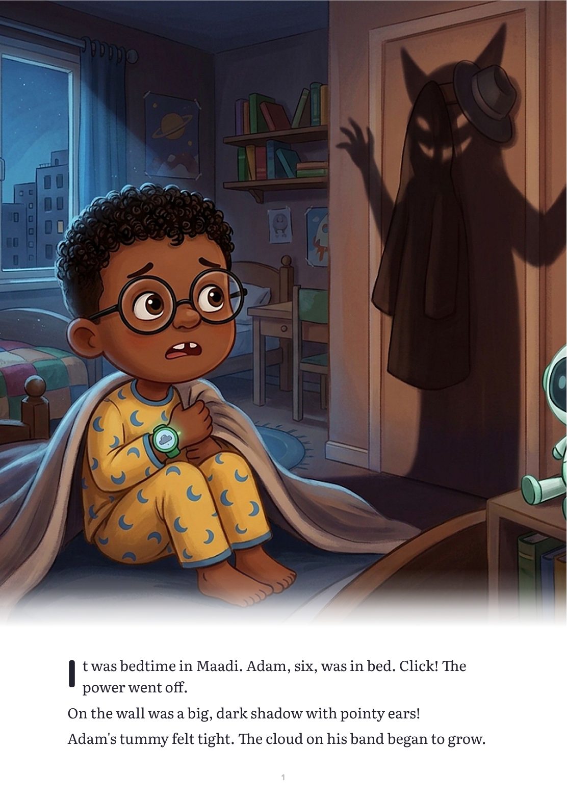 Page 1: bedtime in Maadi, the power goes off and a big shadow appears on the wall