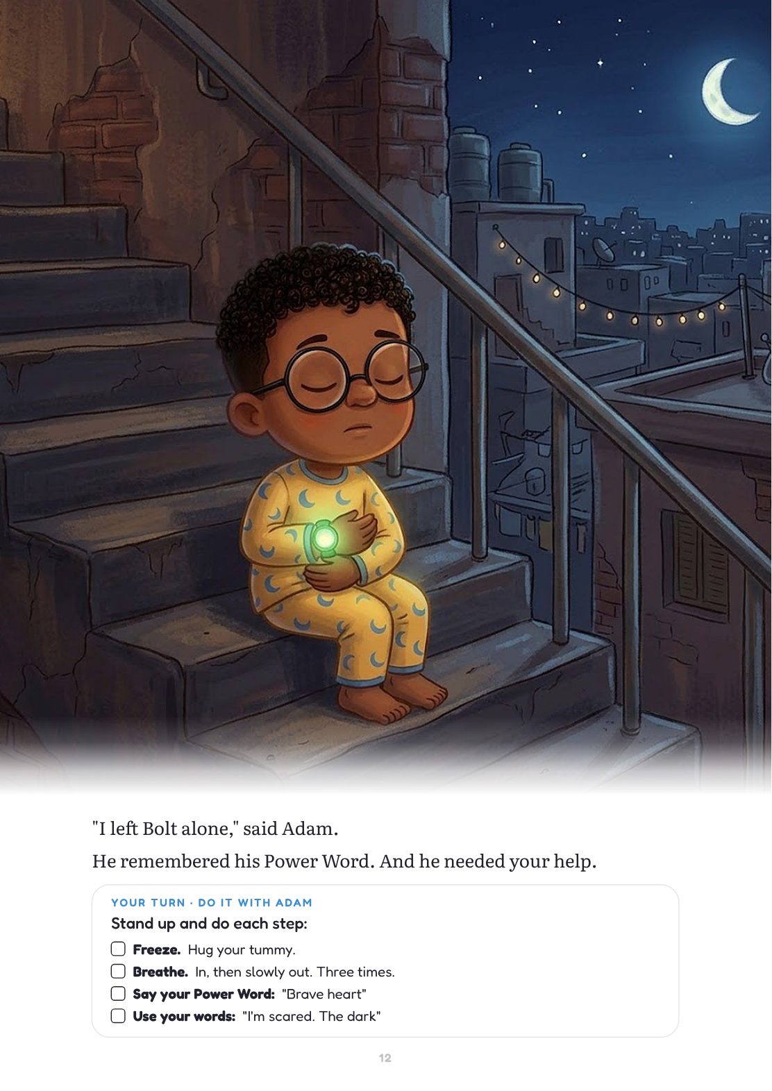 A Your turn page: Adam sits on the stairs and does the brave steps