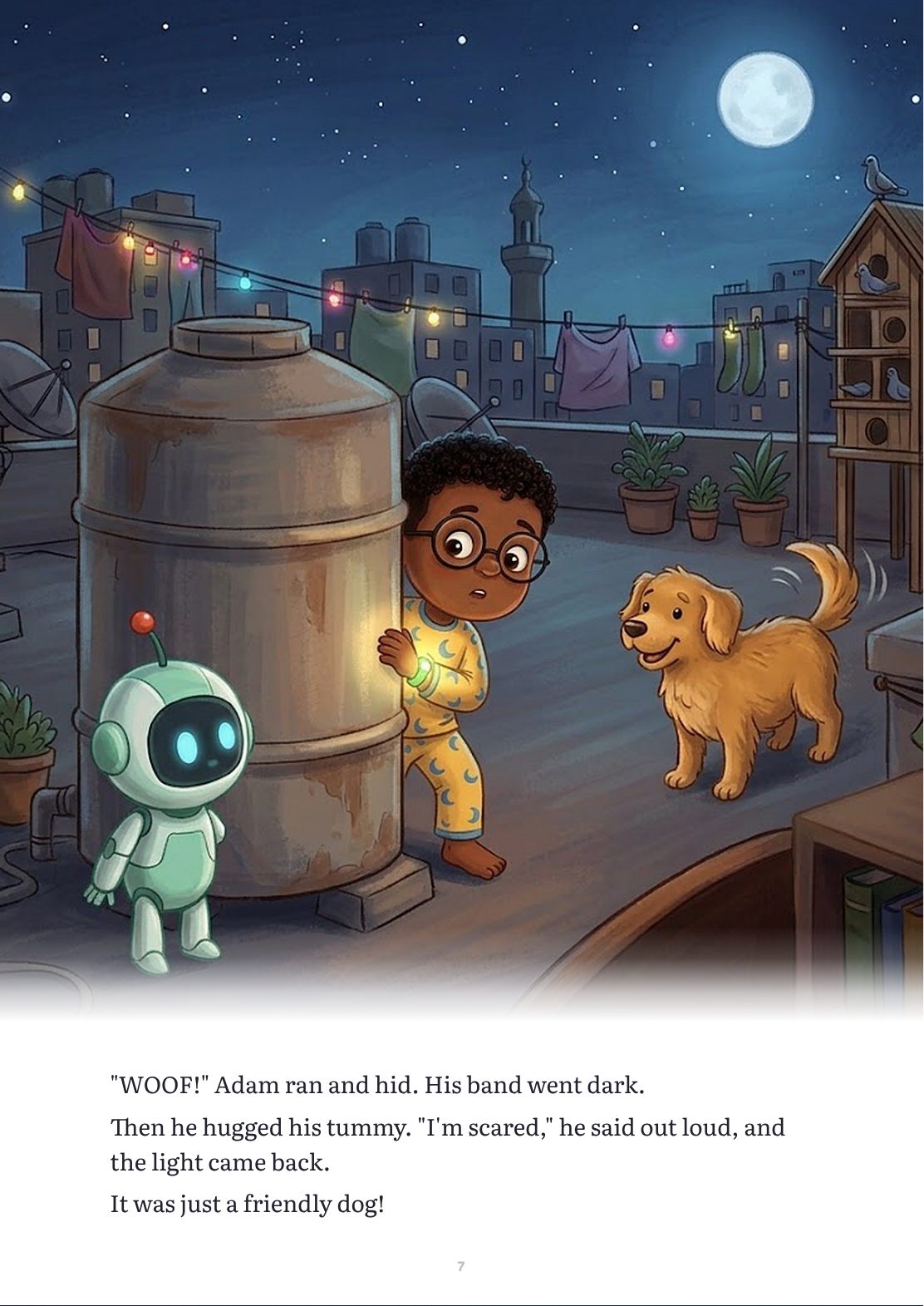 A story page: Adam hides behind the water tank and meets a friendly dog