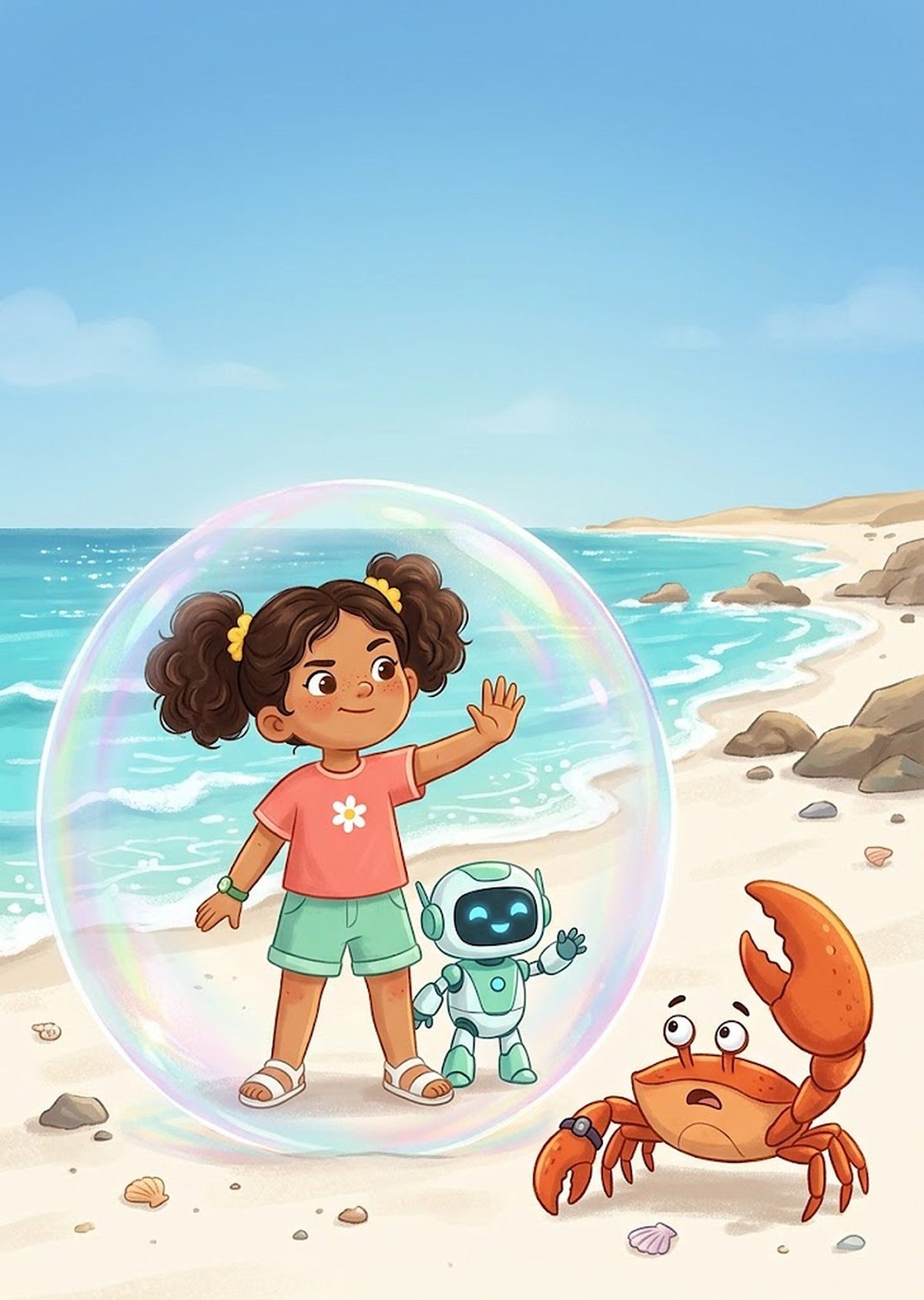 Cover of the Standing tall tale: a girl and her robot friend on the beach, facing the Big Crab