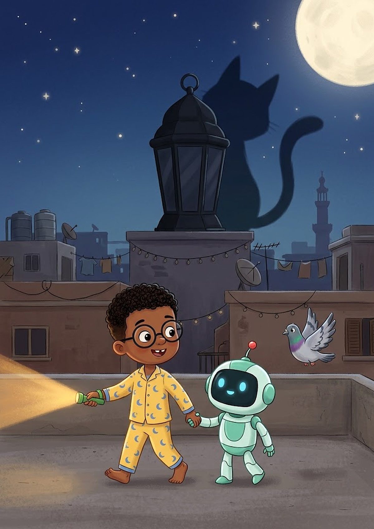 Cover of the Courage tale: a boy and his robot friend on a rooftop at night, facing the Big Shadow