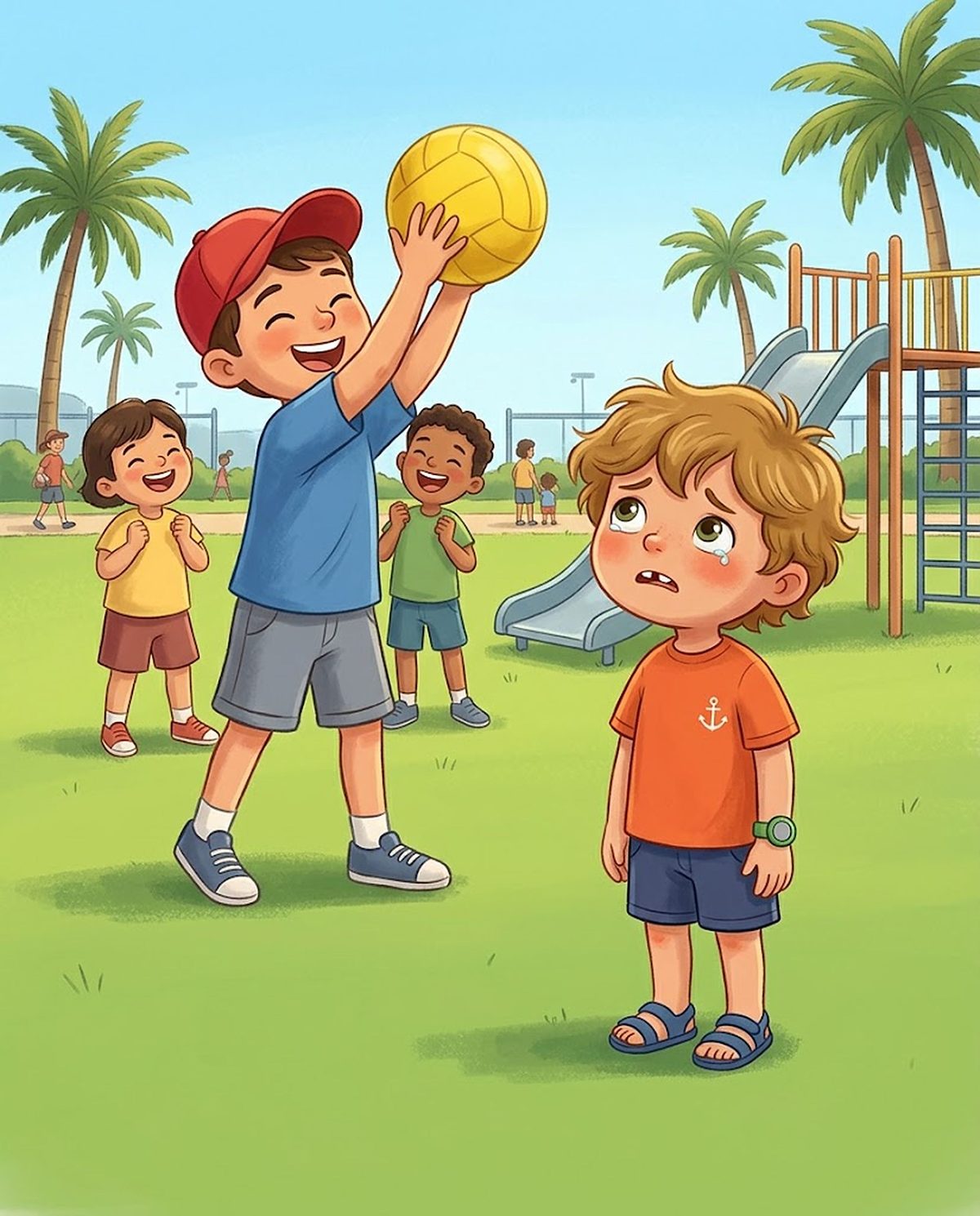 A sunny day at the club: another child grabs the hero's new ball