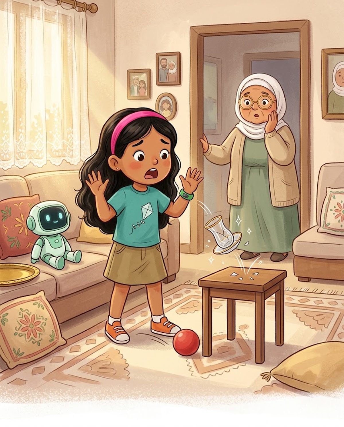 Friday at Teta's house: a ball bounces and a tea glass breaks